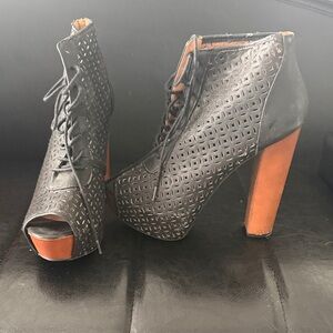 Qupid Black and Brown Lace-Up Peep-Toe Boots